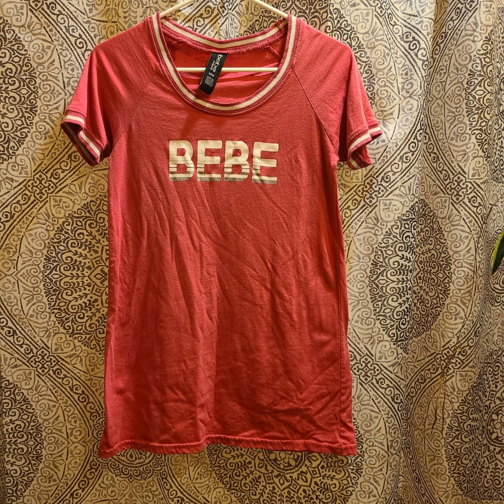 Bebe T-Shirt‎ Women Small Pink Y2K Ringer Raglan Logo Graphic Tee Short Sleeve